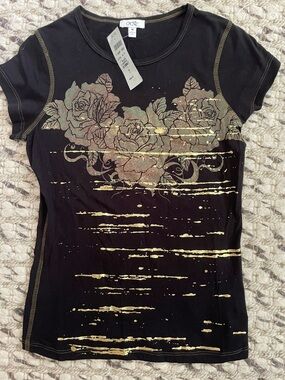 Cache Black Short-Sleeve Tee with Gold Floral Foil